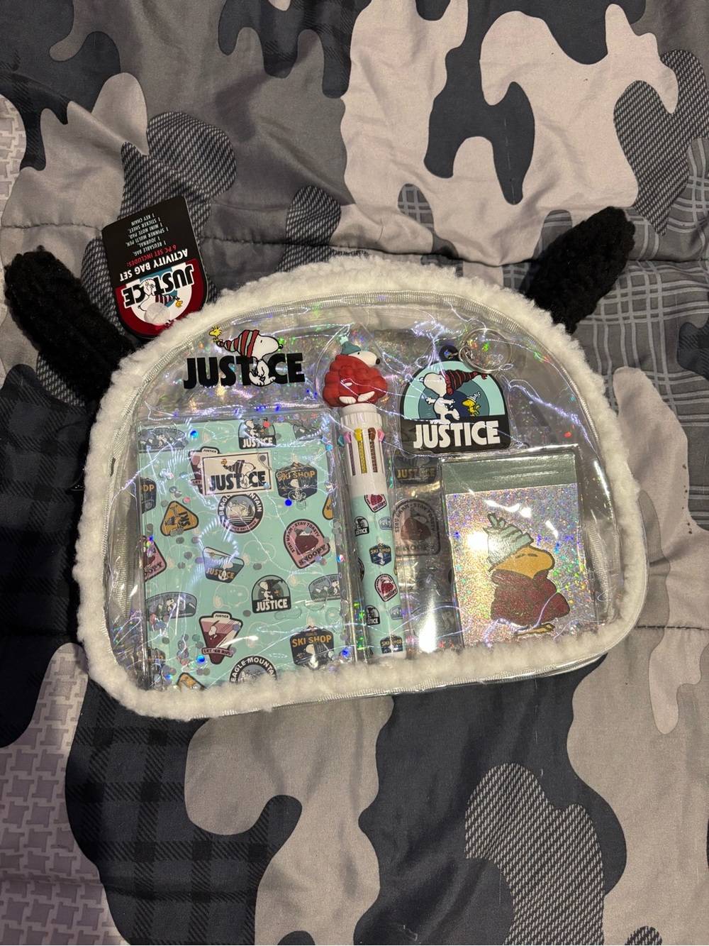 Justice Holographic Clear Front Accessory Bag with White Trim and Black Ears